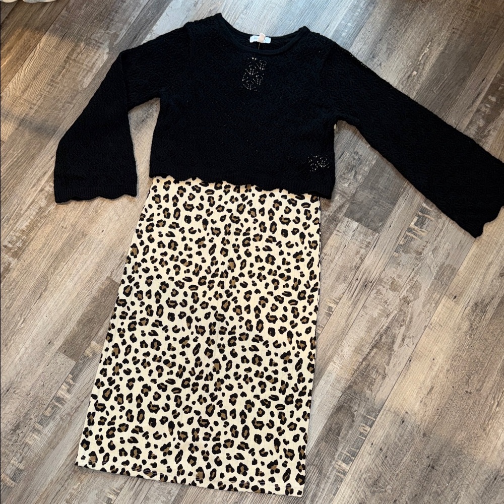 Speechless Kids Black Sweater and Leopard Print Skirt Set from Von Maur NWT
